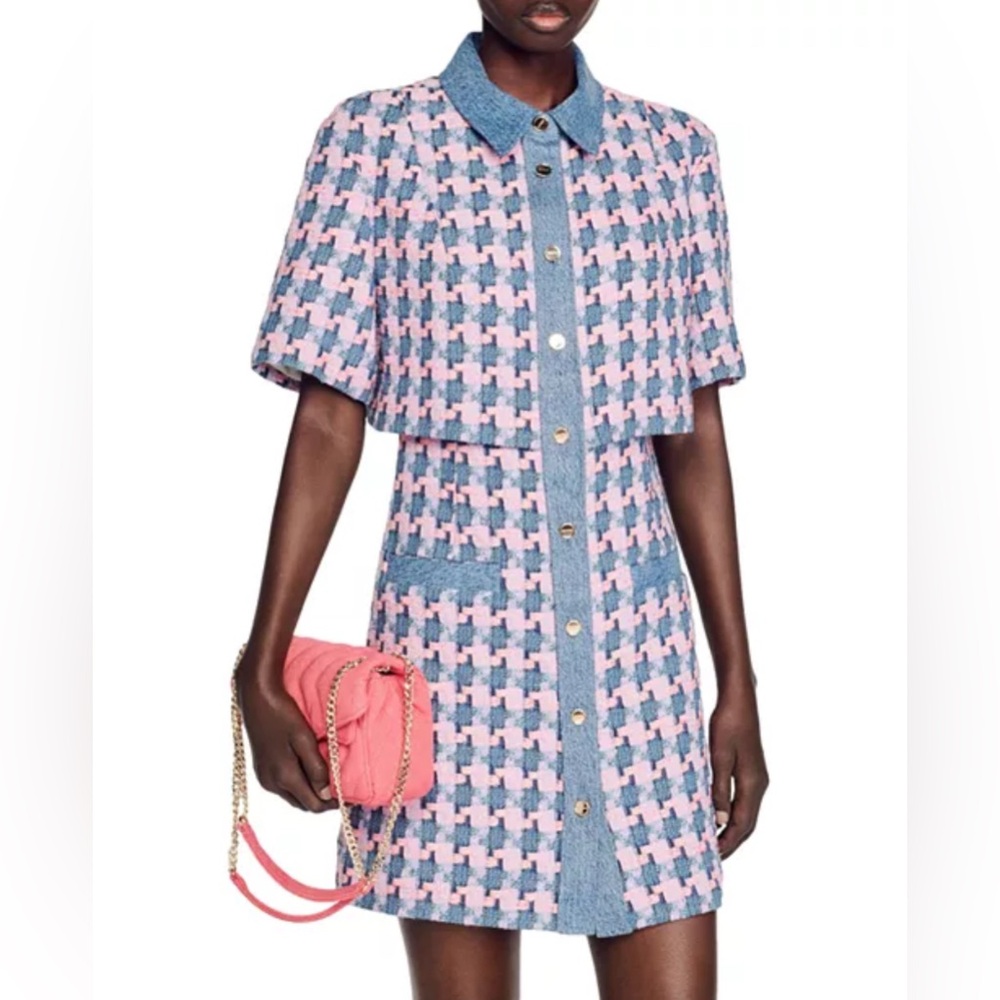 Sandro Amadora Denim Trim Houndstooth Tweed Mini Dress - Picture 2 of 13